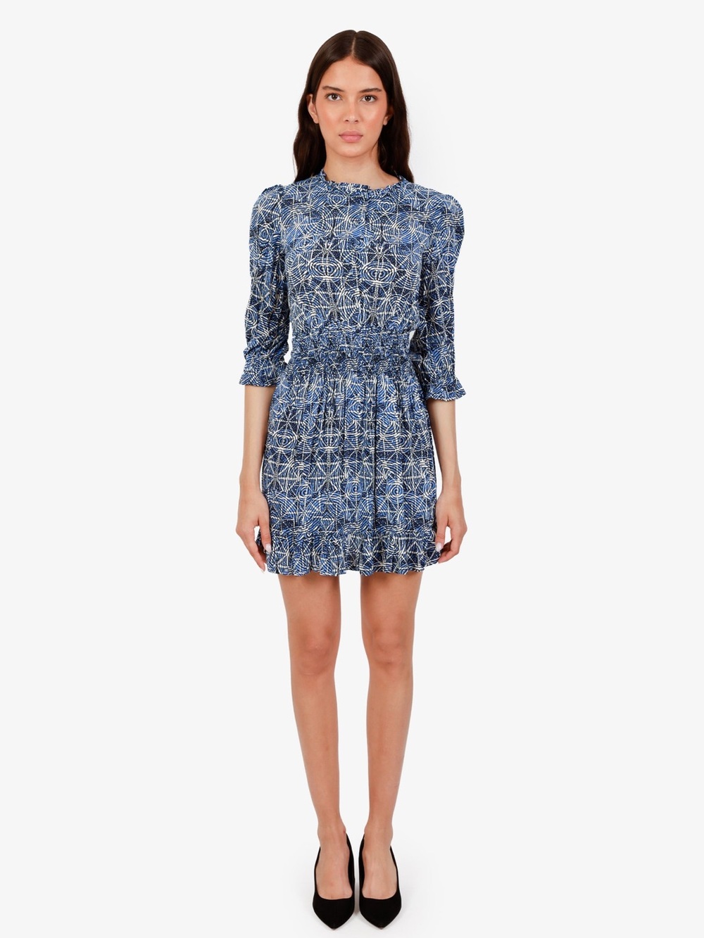 Maje Blue Geometric Swirl Smocked Dress